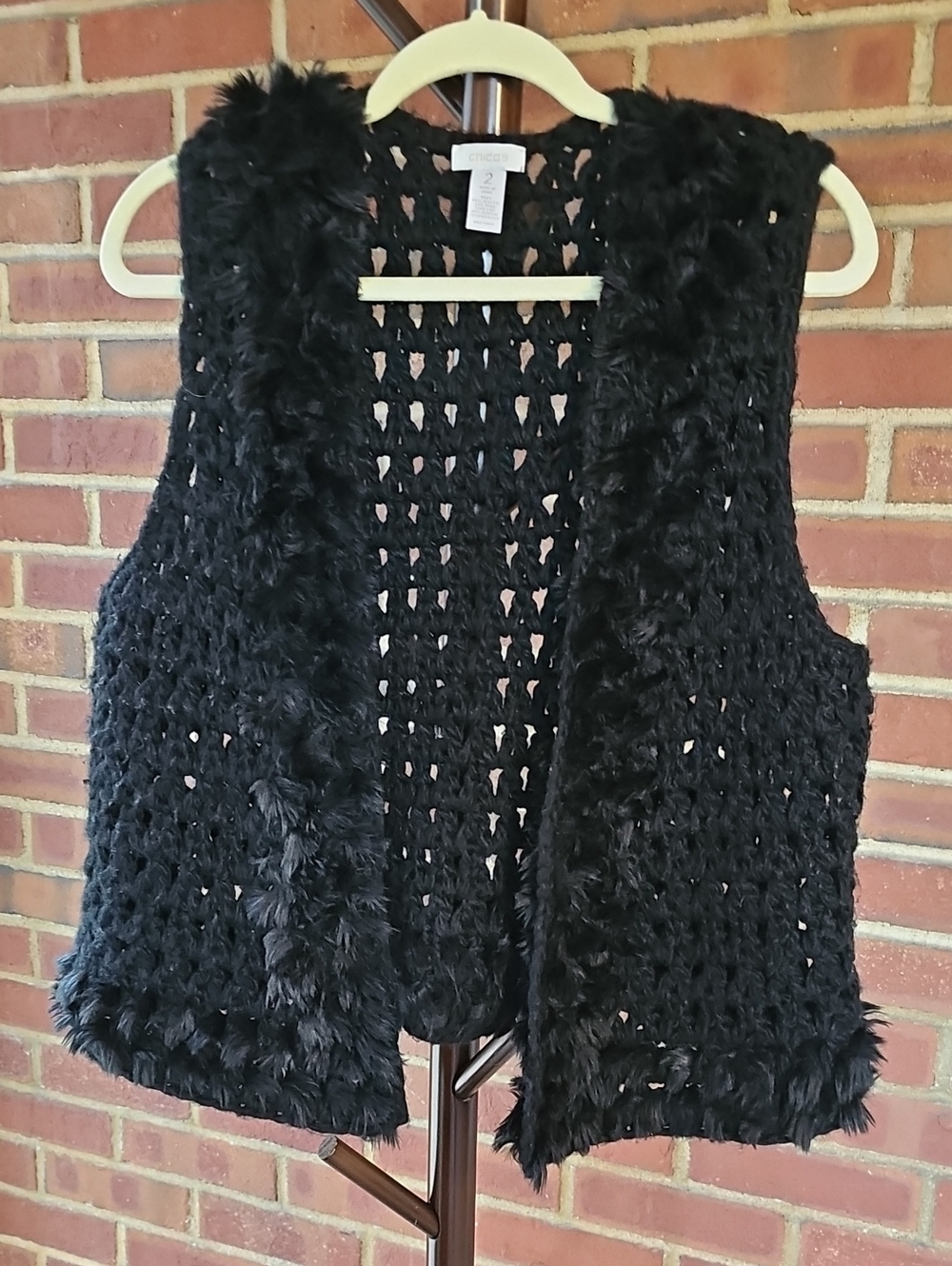 Chico's Black Crochet Vest with Faux Fur Trim